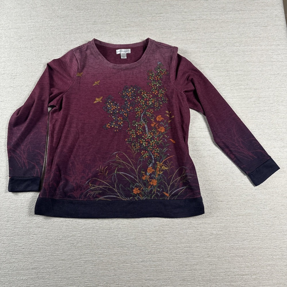 Boho Cottagecore Floral Graphic Sweater Nature Botanical Top L Ombre Maroon Fall